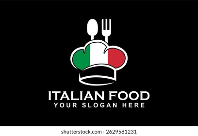 italian food logo emblem badge sticker business restaurant logo design template with spoon and fork icon on black background