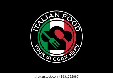 italian food logo emblem badge sticker business restaurant logo design template with spoon and fork icon on black background
