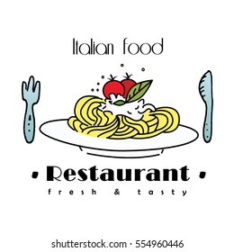Italian food logo with pasta, basil and tomatoes