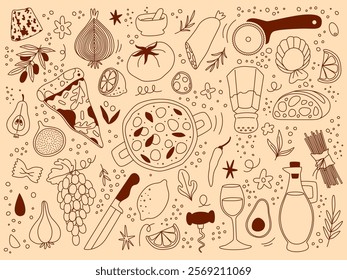 Italian food. Mediterranean meal. Pizza with wine drink. Traditional cook. Cheese and tomato. Plate of pasta. Restaurant menu based on line sketch. Kitchen recipe. Vector dinner outline elements set