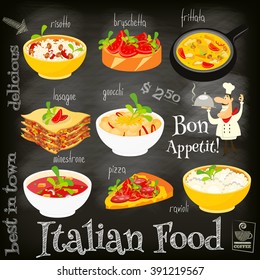 Italian Food Menu Card with Traditional Meal on Chalkboard Background. Italian Cuisine. Food Collection.  Vector Illustration.