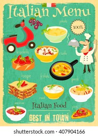 Italian Food Menu Card with Traditional Meal. Retro Vintage Design. Italian Cuisine. Food Collection.  Vector Illustration.