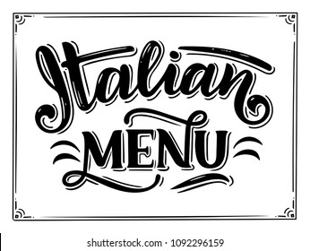 Italian food menu - names of dishes. Lettering phrases for your design, stylized drawing with chalk. Vector illustration