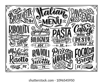 Italian food menu - names of dishes. Lettering phrases for your design, stylized drawing with chalk. Vector illustration