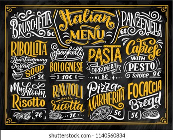Italian food menu - names of dishes. Lettering phrases for your design, stylized drawing with chalk. Vector illustration