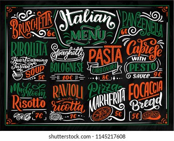 Italian food menu - names of dishes. Lettering phrases for your design, stylized drawing with chalk. Vector illustration