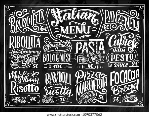 Italian\
food menu - names of dishes. Lettering phrases for your design,\
stylized drawing with chalk. Vector\
illustration
