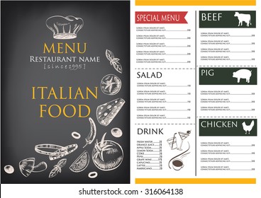 Italian food menu restaurant cafe  brochure. drawing retro design template. ,vegetable vector illustration 