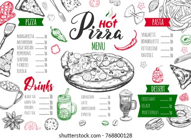 Italian food menu for restaurant and cafe. Pizza and Pasta vector concept. Design template with different hand drawn illustrations and handwritten Lettering