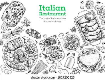 Italian food menu sketches. Design template. Hand drawn vector illustration. Italian cuisine. Food sketch. Black and white. Engraved style. 