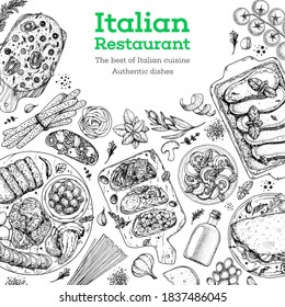 Italian food menu sketches. Design template. Hand drawn illustration. Italian cuisine. Food sketch. Black and white. Engraved style.