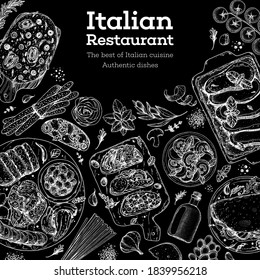 Italian food menu sketches. Design template. Hand drawn illustration. Italian cuisine. Food sketch. Black and white. Engraved style.