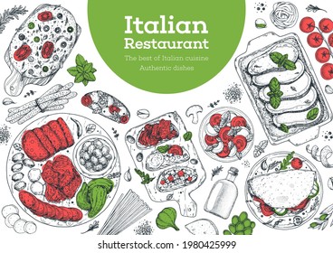 Italian food menu sketches. Design template. Hand drawn vector illustration. Italian cuisine. Food sketch. Black and white. Engraved style.