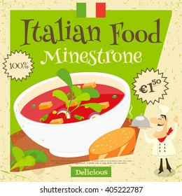 Italian Food - Minestrone. Cover Menu. Advertising Minestrone. European Cuisine. Vector Illustration.