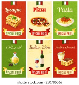 Italian food mini poster set wtih lasagne pizza pasta olive oil wine dessert isolated vector illustration