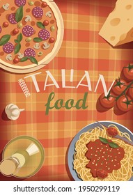 Alimentos italianos en ilustración de vector de mesa
