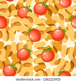 Italian food pasta cellentani with tomatoes. Seamless pattern. Flat vector illustration on white background. Web site page and mobile app design.