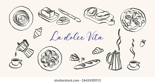 Italian food and pasta doodles. Whimsical icons with la dolce vita aesthetic in simple crayon and sketch style. Trendy art for menus and dinner brunch invitations. Hand drawn vector illustration