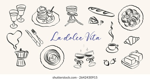 Italian food and pasta doodles. Whimsical icons with la dolce vita aesthetic in simple crayon and sketch style. Trendy art for menus and dinner brunch invitations. Sketch vector illustration