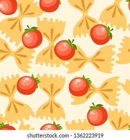 Italian food pasta farfalle with tomatoes. Seamless pattern. Flat vector illustration on white background. Web site page and mobile app design.