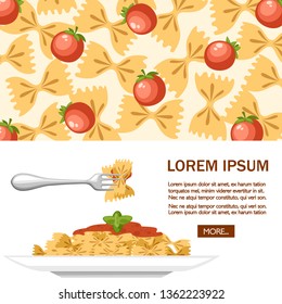 Italian food pasta farfalle with tomatoes. Farfalle pasta with tomatoes on white plate. Flat vector illustration on white background. Web site page and mobile app design.