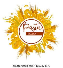 Italian food pasta and meals isolated wheat flour vector tagliatelle and conchiglie cavatappi and farfalle tagliatelle and chifferi angeloni food Italy tradition emblem or logo restaurant or cafe