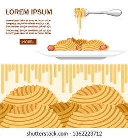Italian food pasta spaghetti with tomatoes. Spaghetti pasta with tomatoes on white plate. Flat vector illustration on white background. Web site page and mobile app design.