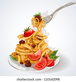 Italian food. Pasta with tomato and meat sauce on a plate and fork