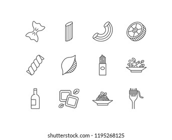 Italian food, pasta types, flavors line icons set with farfalle, penne, fusilli, spaghetti, wine, ravioli, fork.