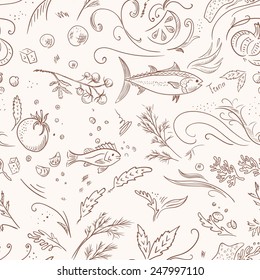 Italian food pattern | Hand-painted vector background with seafood, vegetables and herbs for menu design