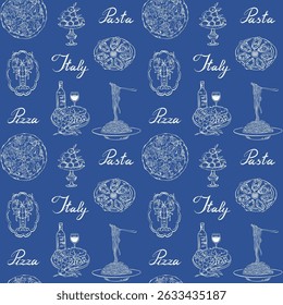 Italian food pattern. La dolce vita seamless Italian food on a blue background. Hand drawn mediterranean pizza, seafood, pasta, whimsical vector pattern for packaging, wrapping, menu design, wallpaper