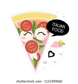Italian food. Pizza character. Cute vector sticker.