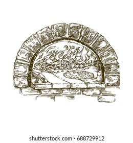 Italian food. Pizza in firewood oven. Engraving. Vintage style. Vector illustration.