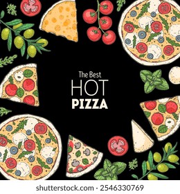 Pizza alimentar italiana. Ilustração de vetor desenhada à mão. Elementos de design de menu. Design do pacote.