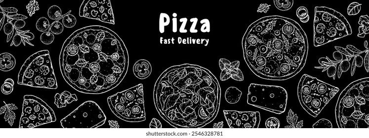 Comida italiana. Pacote de pizza. Ilustração de vetor desenhada à mão. Menu Pizza