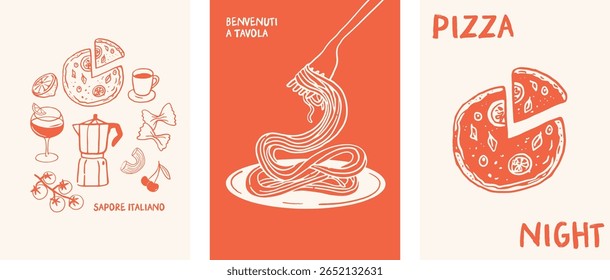 Italian food, pizza, pasta, spaghetti, wine, tomatoes and espresso illustrations. Posters, cards, party invitations, t shirt print, sticker or menu vector design and illustration