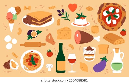 Italian food. Pizza and pasta. Travel in Italy. Fresh tomato. Olive oil. Wine bottle. Restaurant ingredients. Cuisine menu. Cooking dinner. Tiramisu dessert. Cook stickers. Vector meal products set