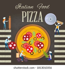 Italian Food Pizza Tiny people Little Chefs prepare delicious Pizza. Vector illustration.