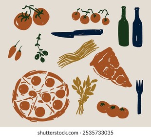 Comida italiana Pizza Tomates Pasta y vino Mediterranean Cute Antiguas Doodles Vector Set