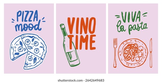 Cartaz de comida italiana com estilo de doodle vintage whimsical. Design de menu de verão com ilustrações de Pizza, Vino e Massas. Cartão desenhado à mão perfeito para Post retro ou decoração de café.