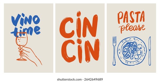 Italian Food Poster With Whimsical Vintage Summer Vibe. Doodle Illustrations Featuring Pasta, Pizza and Wine. Cin Cin Cheers Hand-Drawn Lettering in Retro Sketch Style.