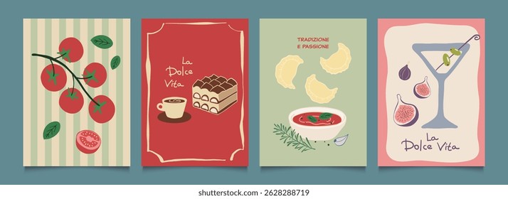 Italian food posters design. Trendy hand drawn art.  Mediterranean eat. Retro vector illustration of tomato, martini, ravioli, espresso, tiramisu etc. Graphic  for  interior, cafe, menu.
