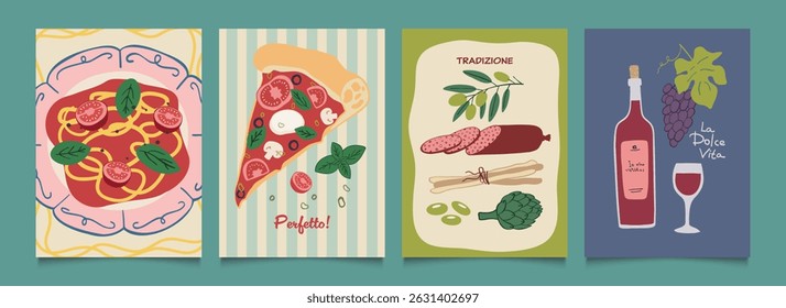 Italian food posters design. Trendy hand drawn art.  Mediterranean eat. Retro vector illustration of pasta, pizza, wine, salami, tomato etc. Graphic  for  interior, cafe, menu.
