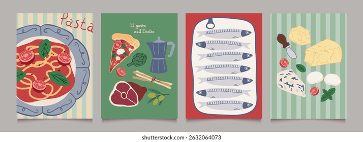 Italian food posters design. Trendy hand drawn art.  Mediterranean eat. Retro vector illustration of pasta, sardine, pizza, prosciutto, cheese etc. Graphic  for  interior, cafe, menu.
