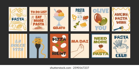 Italian food posters for the kitchen. Culinary compositions in cartoon trendy style of Matisse. Pasta, pizza, gelato, olives, traditional italian food. Decor for kitchens, cafes and restaurants.