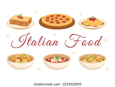 Italian Food Restaurant or Cafeteria with Chef Making Traditional Italian Dishes Pizza or Pasta in Hand Drawn Cartoon Template Illustration