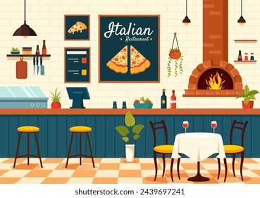 Ilustración vectorial de restaurante de comida italiana o cafetería con platos tradicionales de Italia Pizza o pasta en diseño plano de fondo de dibujos animados