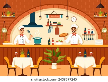 Italian Food Restaurant or Cafeteria Vector Illustration with Traditional Italy Dishes Pizza or Pasta in Flat Cartoon Background Design
