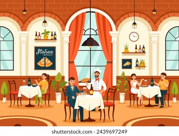 Italian Food Restaurant or Cafeteria Vector Illustration with Traditional Italy Dishes Pizza or Pasta in Flat Cartoon Background Design