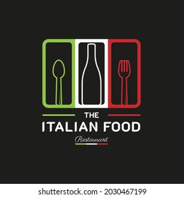 Italian Food Restaurant Logo. Italian flag symbol with Spoon, Fork, and Wine Bottle icons. Premium and Luxury Logo